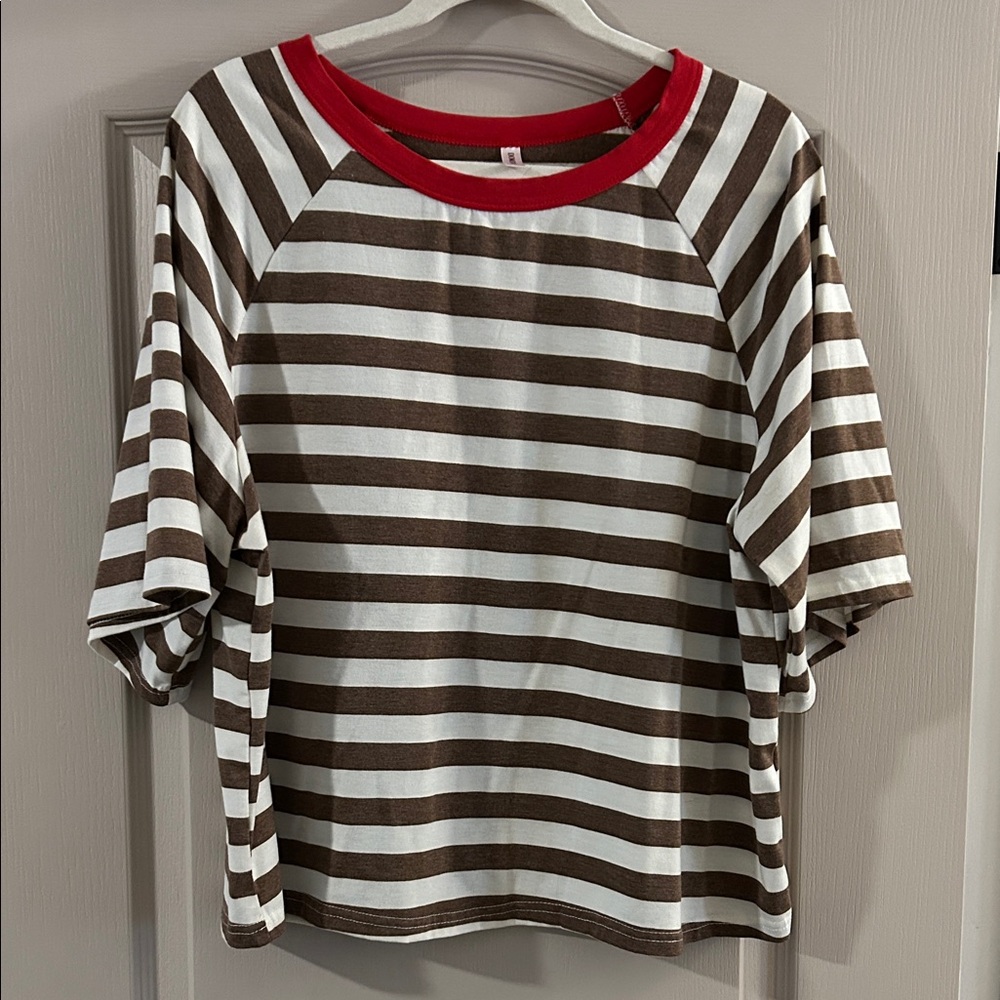 Casual Brown and White Striped Tee with Red Neckline